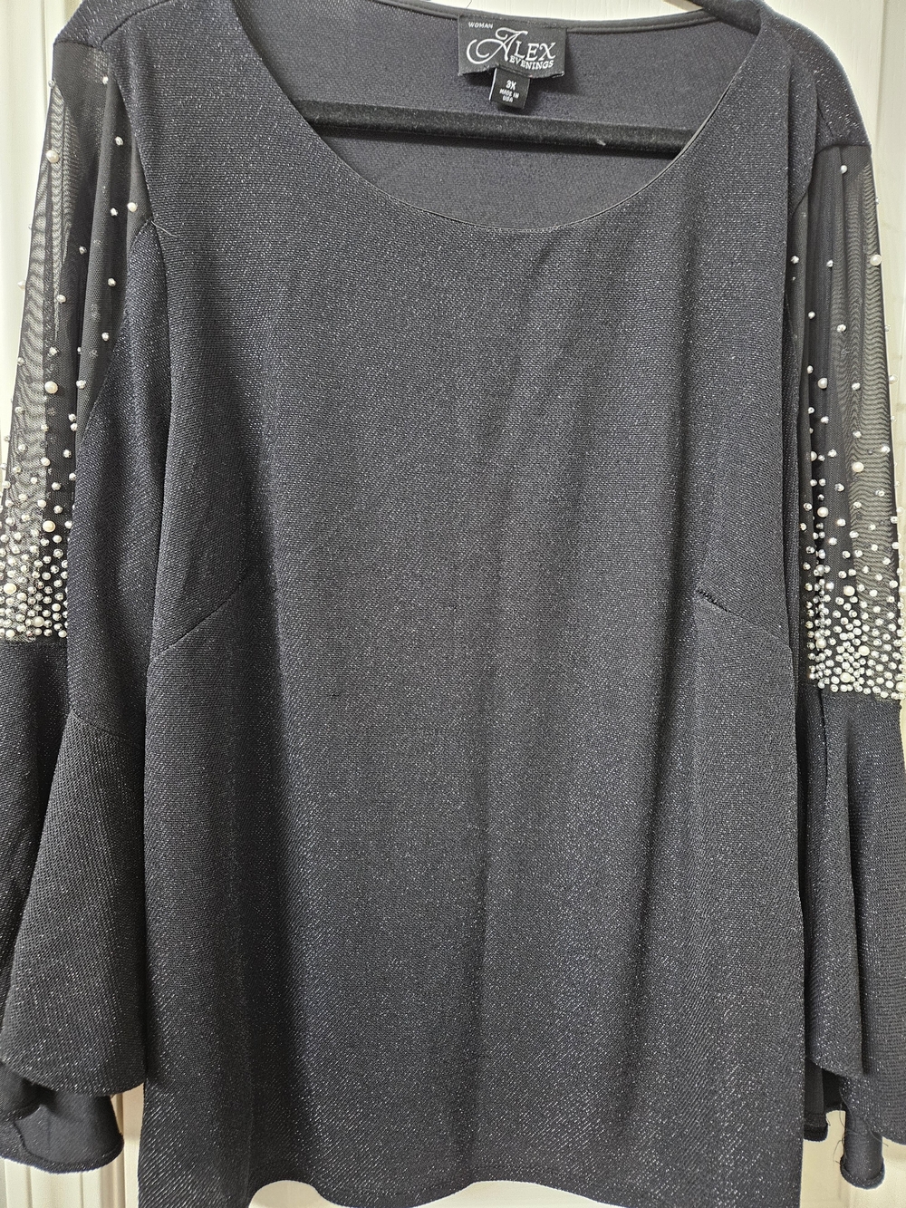 Alex Evenings Black Sparkle Bell-Sleeve Top with Pearl Embellishment